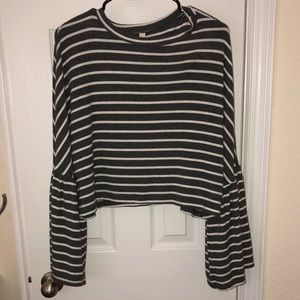 Gray White Striped Bell Sleeve Crop Sweater M